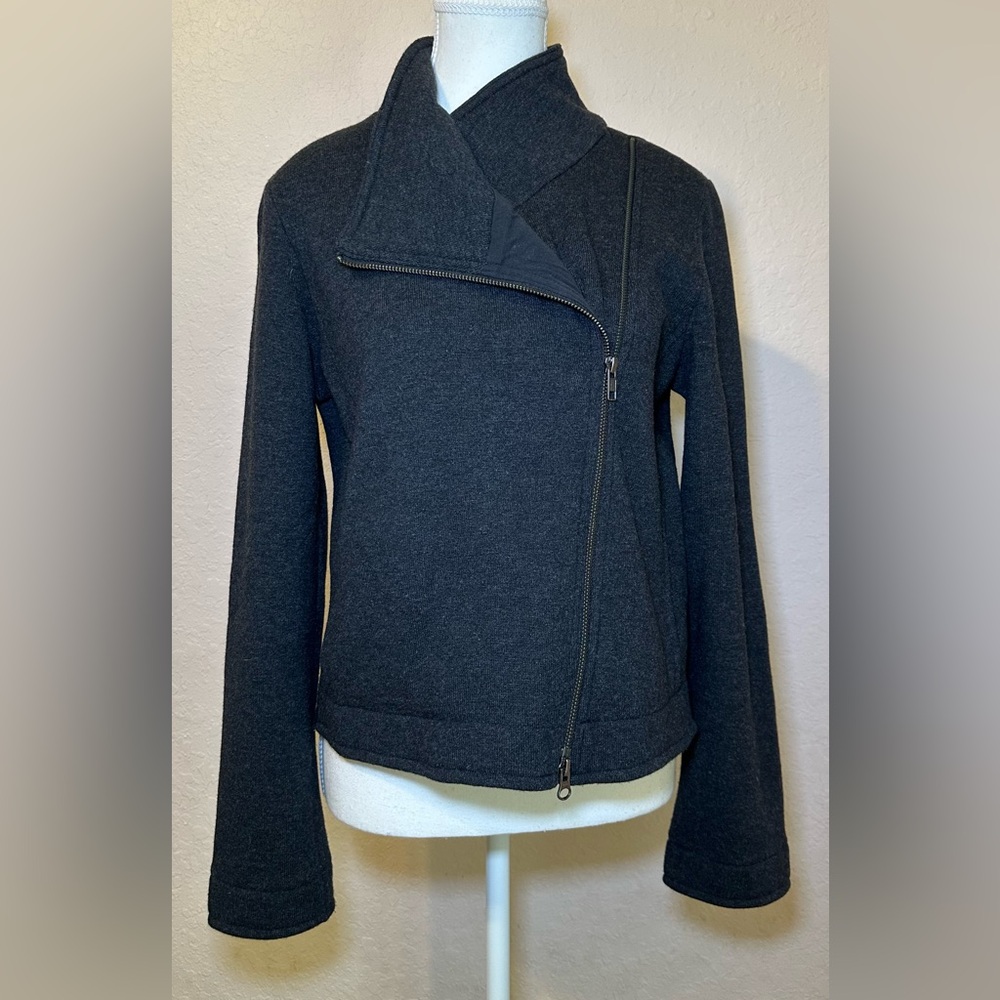 Eileen Fisher Fluffy fleece wool blend zip collar jacket heather grey black S